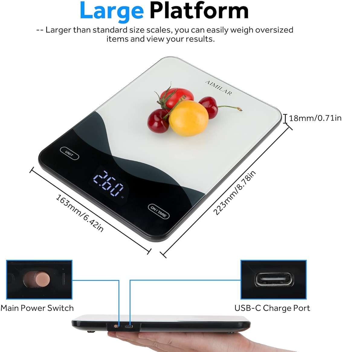 AIMILAR Digital Kitchen Scale 22lb/10kg USB-C Rechargeable, Tempered Glass Top Easy Clean, LED Touch Screen No Buttons, Auto Shut Off - Image 10