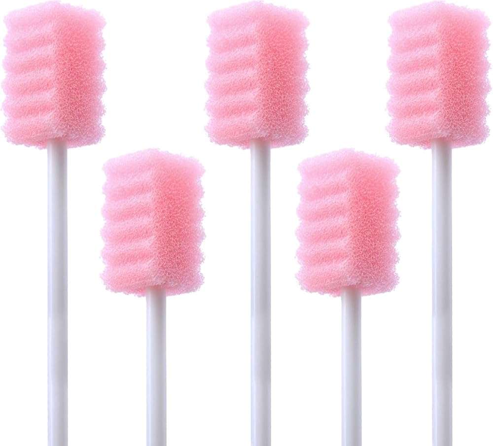 100 Pcs Mouth Swabs for Elderly, Individually Wrapped Oral Care Swabs, Unflavored Disposable Dental Swabsticks for Mouth Cleaning, Sawtooth-Shaped Pink Sponge - Image 1