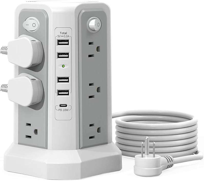 Surge Protector Power Strip Tower with PD18W USB C Port,10FT Extension Cord with 12 AC Mutiple Outlets 5 USB Charging Ports, PASSUS Power Tower Surge Protection for Home Office Dorm Room - Image 1