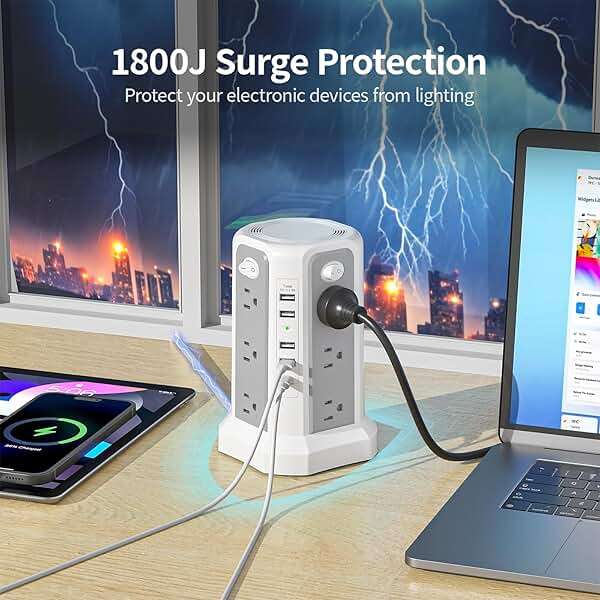 Surge Protector Power Strip Tower with PD18W USB C Port,10FT Extension Cord with 12 AC Mutiple Outlets 5 USB Charging Ports, PASSUS Power Tower Surge Protection for Home Office Dorm Room - Image 3