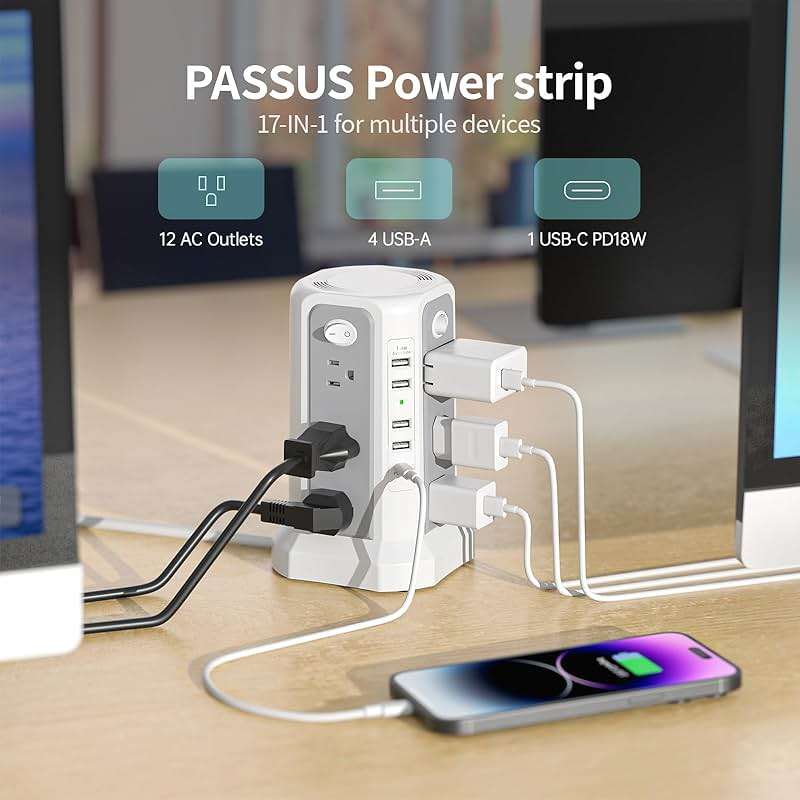 Surge Protector Power Strip Tower with PD18W USB C Port,10FT Extension Cord with 12 AC Mutiple Outlets 5 USB Charging Ports, PASSUS Power Tower Surge Protection for Home Office Dorm Room - Image 5