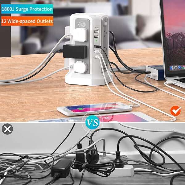Surge Protector Power Strip Tower with PD18W USB C Port,10FT Extension Cord with 12 AC Mutiple Outlets 5 USB Charging Ports, PASSUS Power Tower Surge Protection for Home Office Dorm Room - Image 6