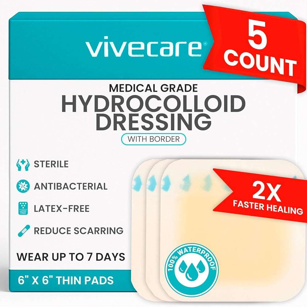 ViveCare Hydrocolloid Dressing 6x6 (5 Pack) - Large Sterile Bandages - Wound & Pressure Sore Fast Healing Patch - Waterproof Dressing for Blisters, Burns, Bed Sores, Cysts, Cuts & Ulcers - Image 1