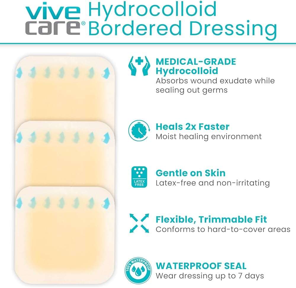 ViveCare Hydrocolloid Dressing 6x6 (5 Pack) - Large Sterile Bandages - Wound & Pressure Sore Fast Healing Patch - Waterproof Dressing for Blisters, Burns, Bed Sores, Cysts, Cuts & Ulcers - Image 2