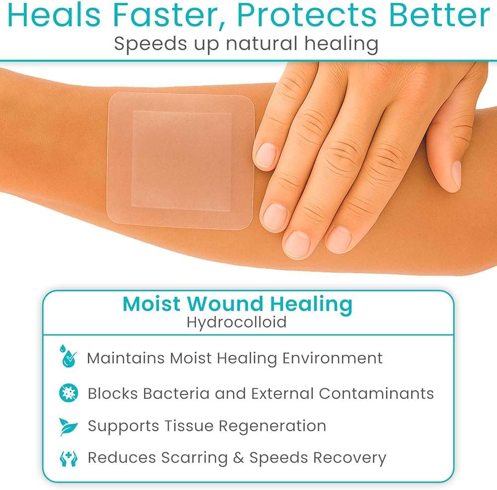 ViveCare Hydrocolloid Dressing 6x6 (5 Pack) - Large Sterile Bandages - Wound & Pressure Sore Fast Healing Patch - Waterproof Dressing for Blisters, Burns, Bed Sores, Cysts, Cuts & Ulcers - Image 4