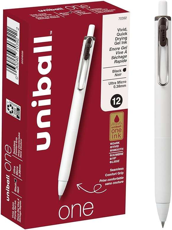 Uniball One Gel Pen 12 Pack; 0.38mm Ultra Micro Black Pens; Gel Ink Pens | Office Supplies Sold by Uniball are Pens; Ballpoint Pen; Colored Pens; Gel Pens; Fine Point; Smooth Writing Pens - Image 1