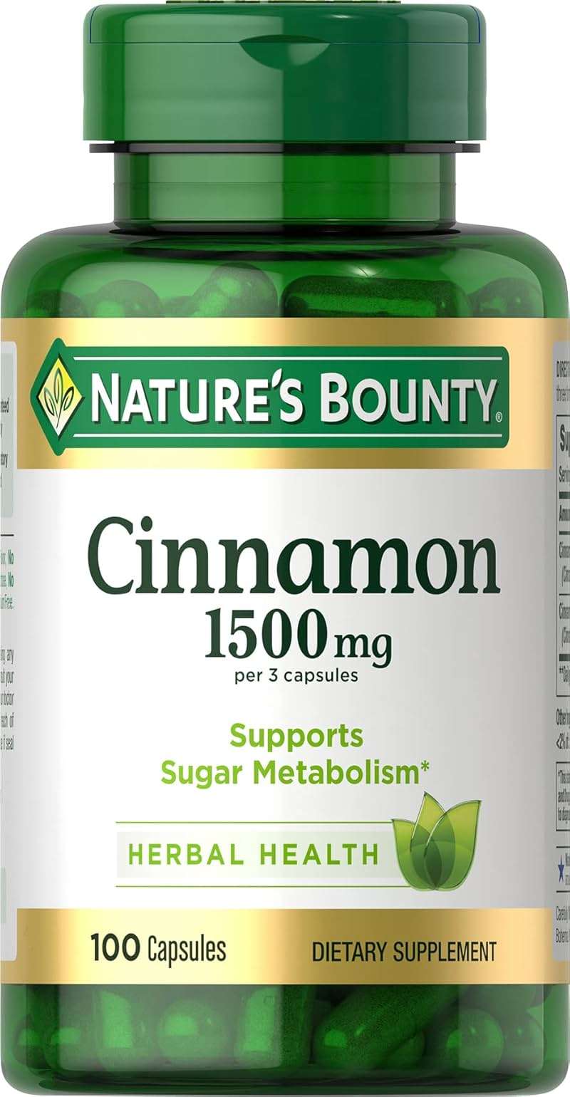 Nature's Bounty Cinnamon Capsules, Herbal Supplement, Supports Sugar Metabolism, 1500mg, 100 Capsules - Image 1