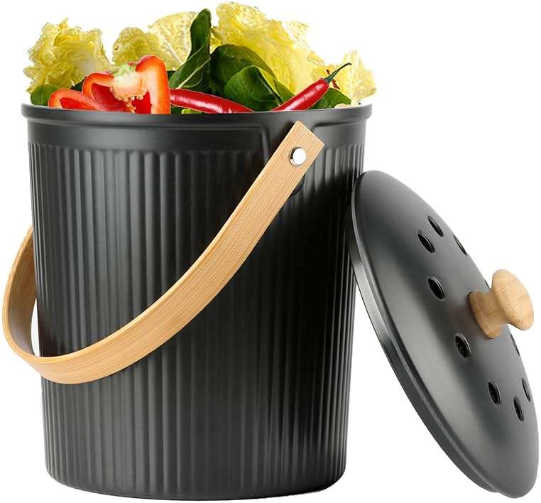 Countertop Compost Bin, LALASTAR Compost Bin Kitchen with Lid, Made of Sustainable Bamboo Fiber, Indoor Food Composter for Kitchen, Odorless, 1 Gallon, Black - Image 1
