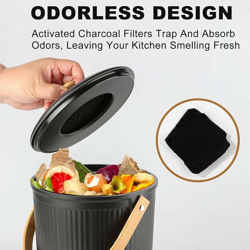 Countertop Compost Bin, LALASTAR Compost Bin Kitchen with Lid, Made of Sustainable Bamboo Fiber, Indoor Food Composter for Kitchen, Odorless, 1 Gallon, Black - Image 5