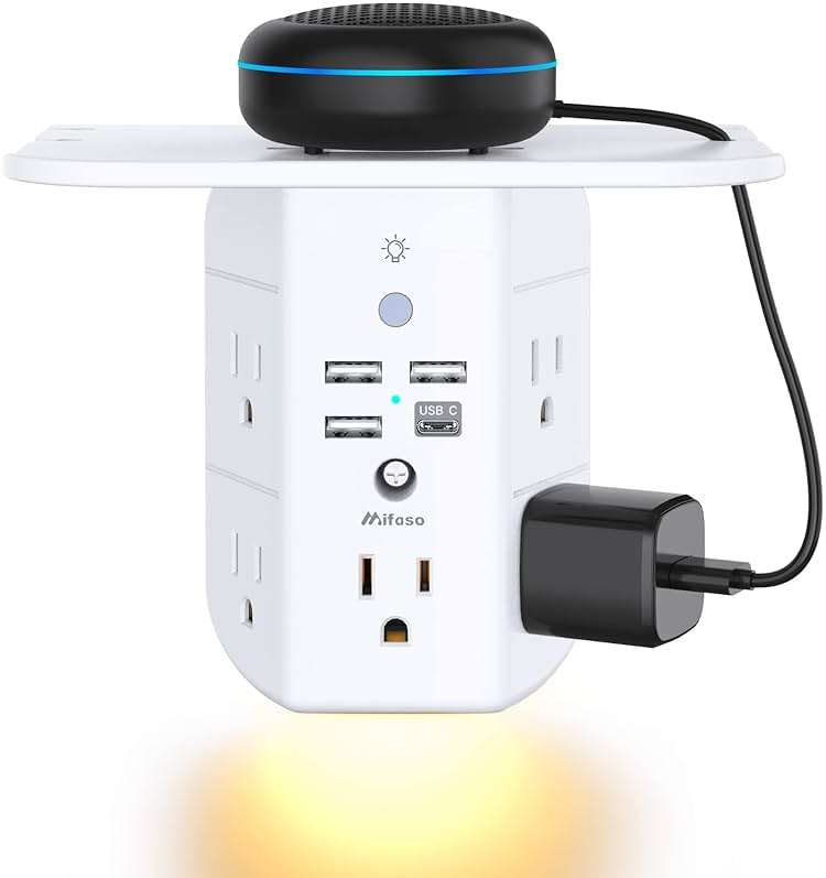 Wall Outlet Extender with Shelf and Night Light, Surge Protector, Wall Mount Charger Multi Plug Expander with 5 AC Outlets and 3 USB A Ports 1 USB C, Wide Space 3-Sided Power Strip Multi Plug Outlets - Image 1