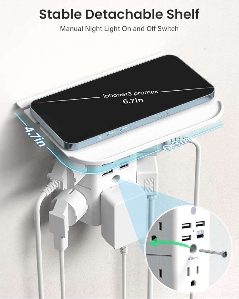 Wall Outlet Extender with Shelf and Night Light, Surge Protector, Wall Mount Charger Multi Plug Expander with 5 AC Outlets and 3 USB A Ports 1 USB C, Wide Space 3-Sided Power Strip Multi Plug Outlets - Image 5