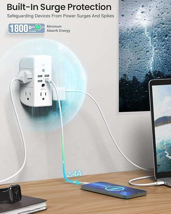 Wall Outlet Extender with Shelf and Night Light, Surge Protector, Wall Mount Charger Multi Plug Expander with 5 AC Outlets and 3 USB A Ports 1 USB C, Wide Space 3-Sided Power Strip Multi Plug Outlets - Image 6