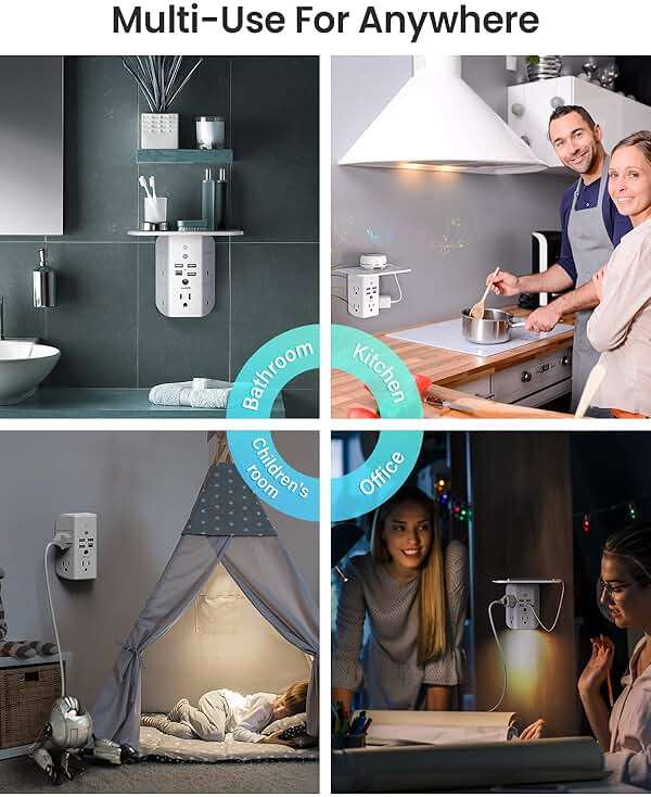 Wall Outlet Extender with Shelf and Night Light, Surge Protector, Wall Mount Charger Multi Plug Expander with 5 AC Outlets and 3 USB A Ports 1 USB C, Wide Space 3-Sided Power Strip Multi Plug Outlets - Image 7