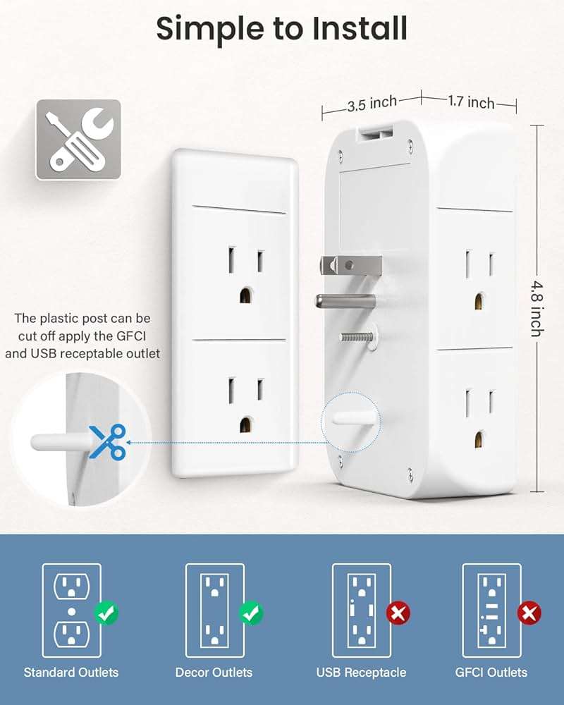 Wall Outlet Extender with Shelf and Night Light, Surge Protector, Wall Mount Charger Multi Plug Expander with 5 AC Outlets and 3 USB A Ports 1 USB C, Wide Space 3-Sided Power Strip Multi Plug Outlets - Image 8