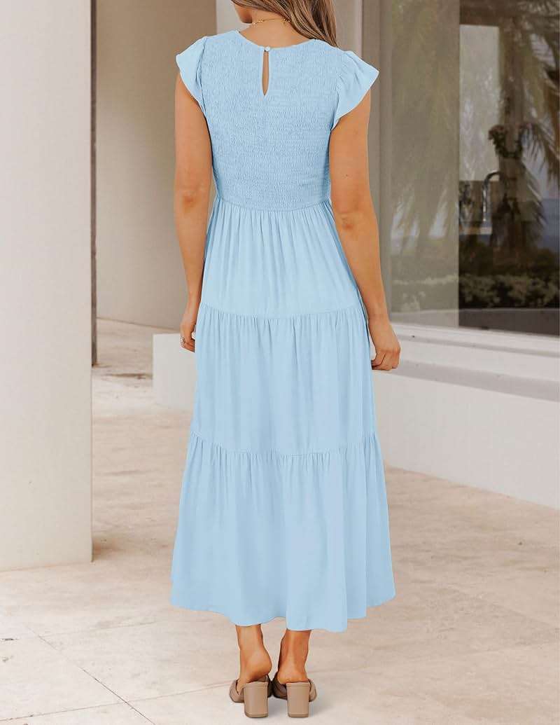 ZESICA Women's 2026 Summer Casual Flutter Short Sleeve Crew Neck Smocked Elastic Waist Tiered Midi Dress - Image 3