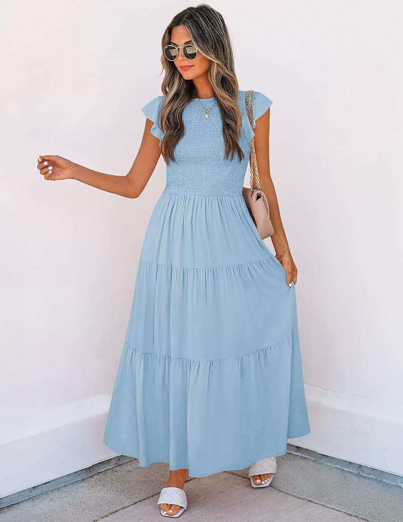 ZESICA Women's 2026 Summer Casual Flutter Short Sleeve Crew Neck Smocked Elastic Waist Tiered Midi Dress - Image 5