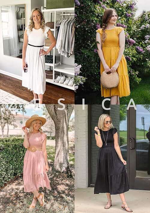 ZESICA Women's 2026 Summer Casual Flutter Short Sleeve Crew Neck Smocked Elastic Waist Tiered Midi Dress - Image 7