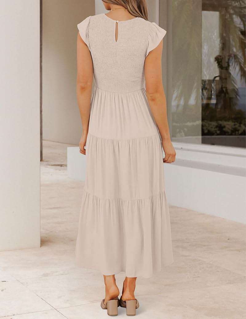 ZESICA Women's 2026 Summer Casual Flutter Short Sleeve Crew Neck Smocked Elastic Waist Tiered Midi Dress - Image 3