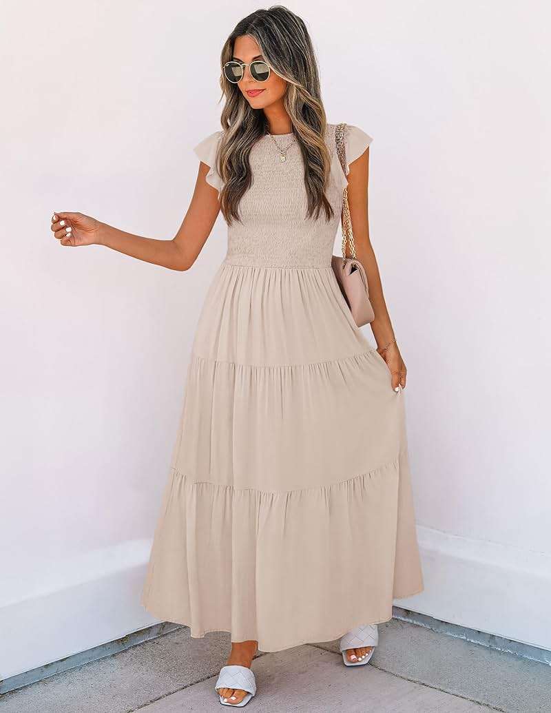 ZESICA Women's 2026 Summer Casual Flutter Short Sleeve Crew Neck Smocked Elastic Waist Tiered Midi Dress - Image 5