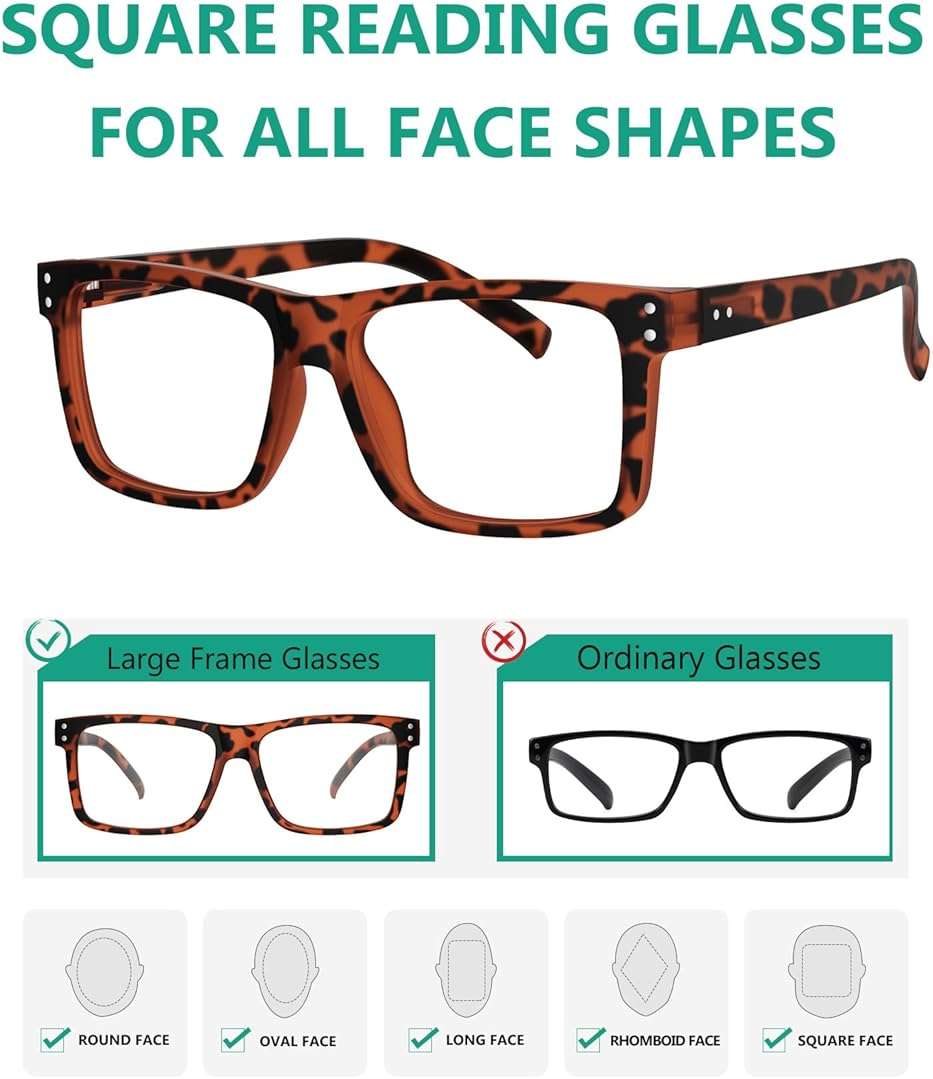 Eyekepper 5-Pack Oversized Square Reading Glasses +2.00 Men Women | Large Frame Reading Glasses in Fun Colors, Clear Lens Ideal for Daily Reading, Durable Readers with Spring Hinges for Comfort - Image 4