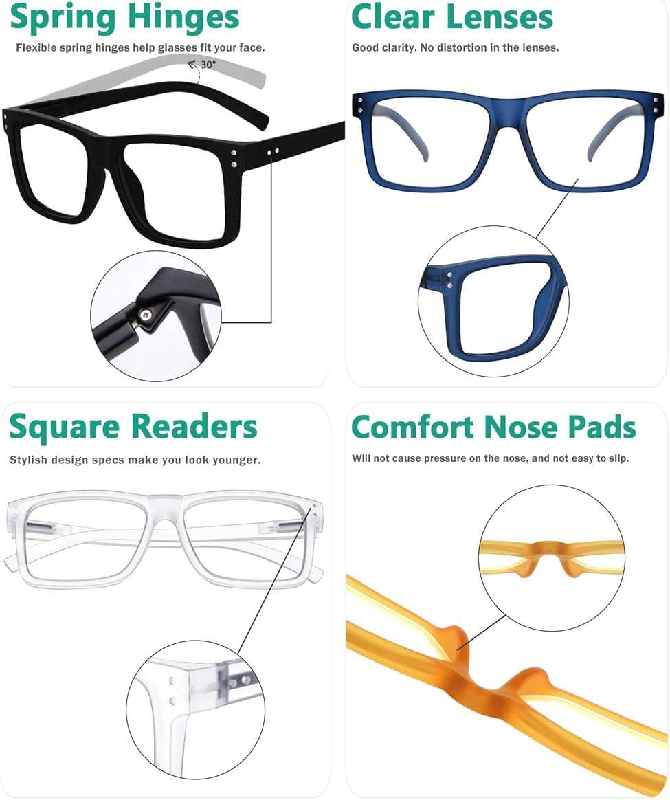 Eyekepper 5-Pack Oversized Square Reading Glasses +2.00 Men Women | Large Frame Reading Glasses in Fun Colors, Clear Lens Ideal for Daily Reading, Durable Readers with Spring Hinges for Comfort - Image 5