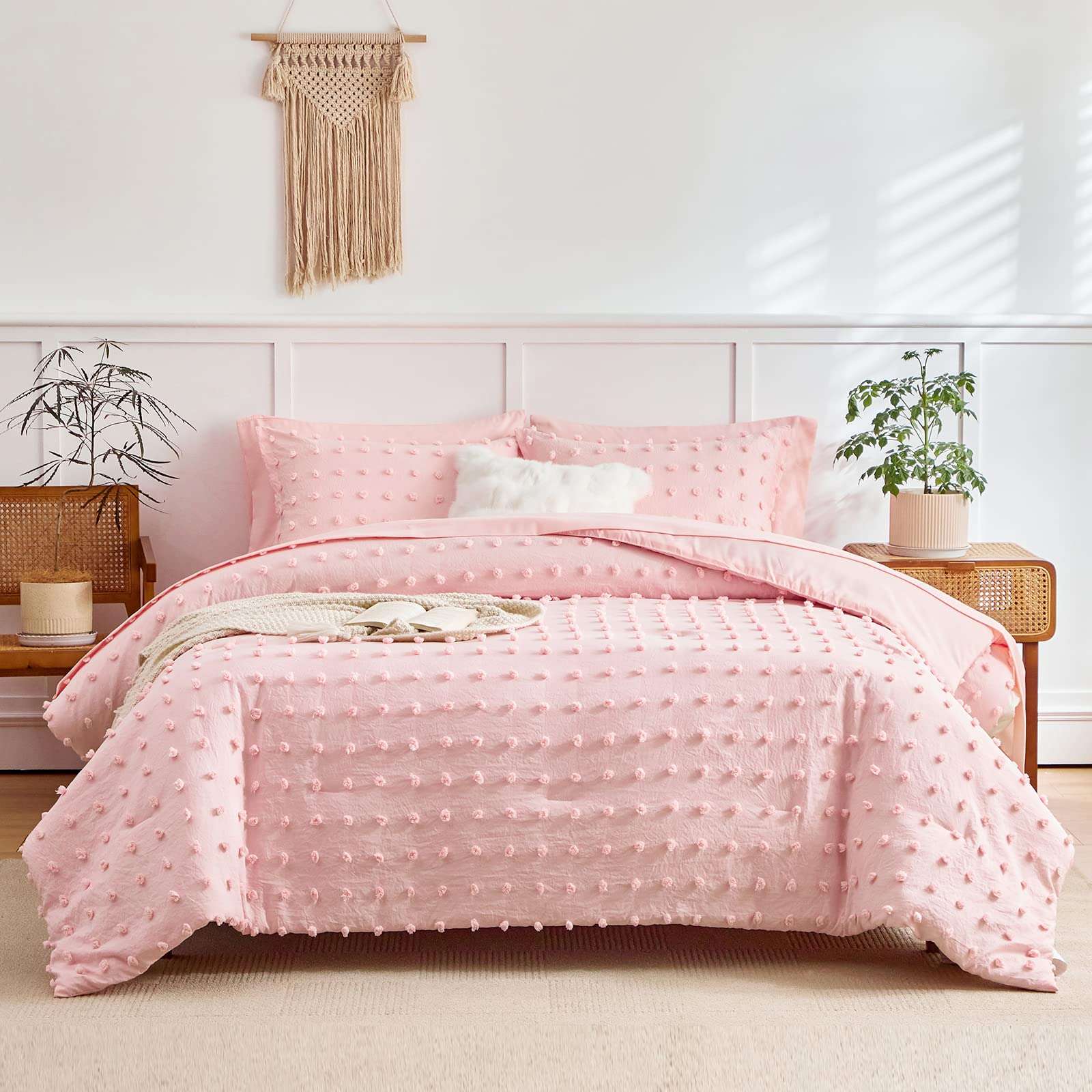 6 Pieces Tufted Dots Bed in a Bag Twin Comforter Set Girls Pink , Soft and Embroidery Shabby Chic Boho Bohemian Comforters, Luxury Solid Color with Pom Pom Design, Jacquard Tufts Bedding Set for Kids - Image 1