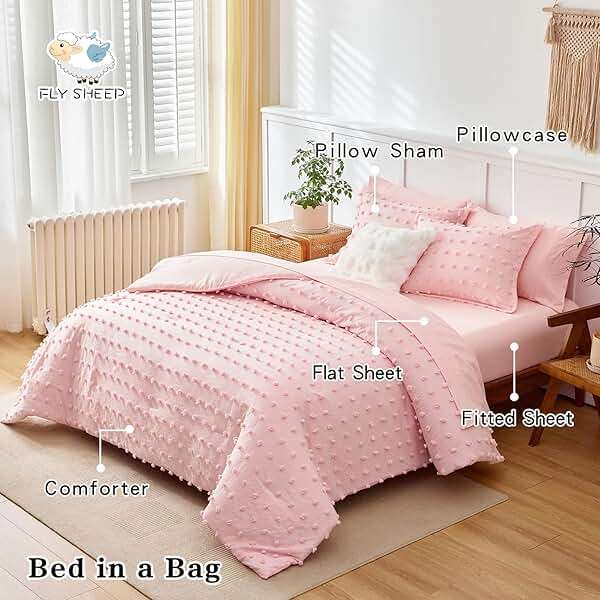 6 Pieces Tufted Dots Bed in a Bag Twin Comforter Set Girls Pink , Soft and Embroidery Shabby Chic Boho Bohemian Comforters, Luxury Solid Color with Pom Pom Design, Jacquard Tufts Bedding Set for Kids - Image 2