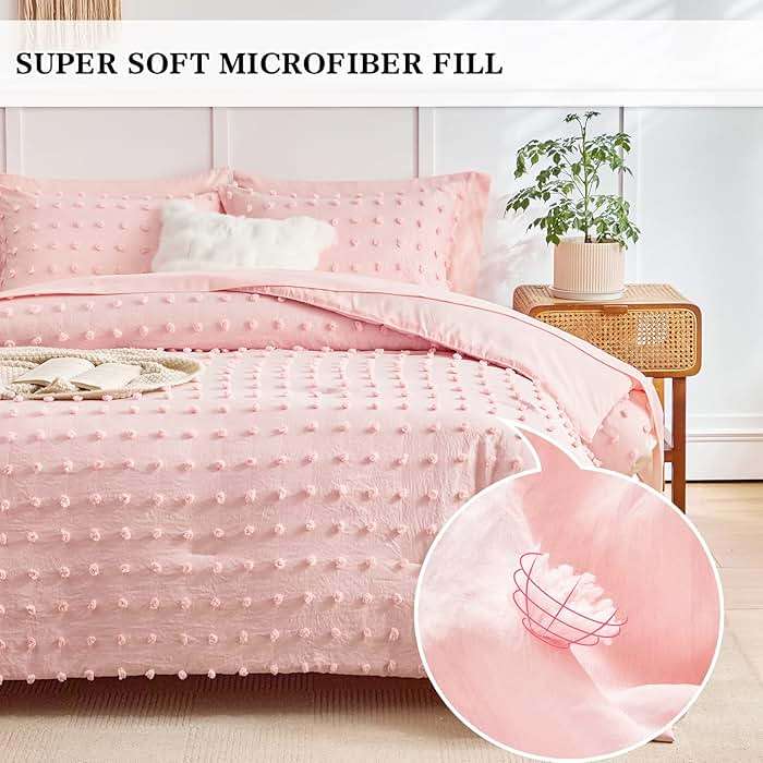 6 Pieces Tufted Dots Bed in a Bag Twin Comforter Set Girls Pink , Soft and Embroidery Shabby Chic Boho Bohemian Comforters, Luxury Solid Color with Pom Pom Design, Jacquard Tufts Bedding Set for Kids - Image 3