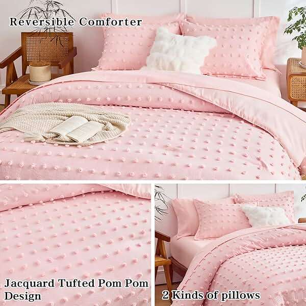 6 Pieces Tufted Dots Bed in a Bag Twin Comforter Set Girls Pink , Soft and Embroidery Shabby Chic Boho Bohemian Comforters, Luxury Solid Color with Pom Pom Design, Jacquard Tufts Bedding Set for Kids - Image 4
