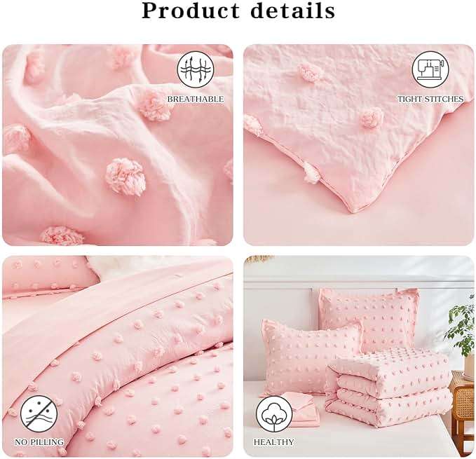 6 Pieces Tufted Dots Bed in a Bag Twin Comforter Set Girls Pink , Soft and Embroidery Shabby Chic Boho Bohemian Comforters, Luxury Solid Color with Pom Pom Design, Jacquard Tufts Bedding Set for Kids - Image 5