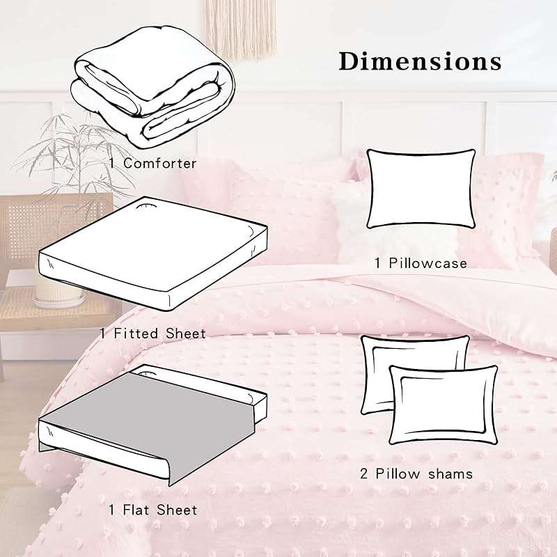 6 Pieces Tufted Dots Bed in a Bag Twin Comforter Set Girls Pink , Soft and Embroidery Shabby Chic Boho Bohemian Comforters, Luxury Solid Color with Pom Pom Design, Jacquard Tufts Bedding Set for Kids - Image 7