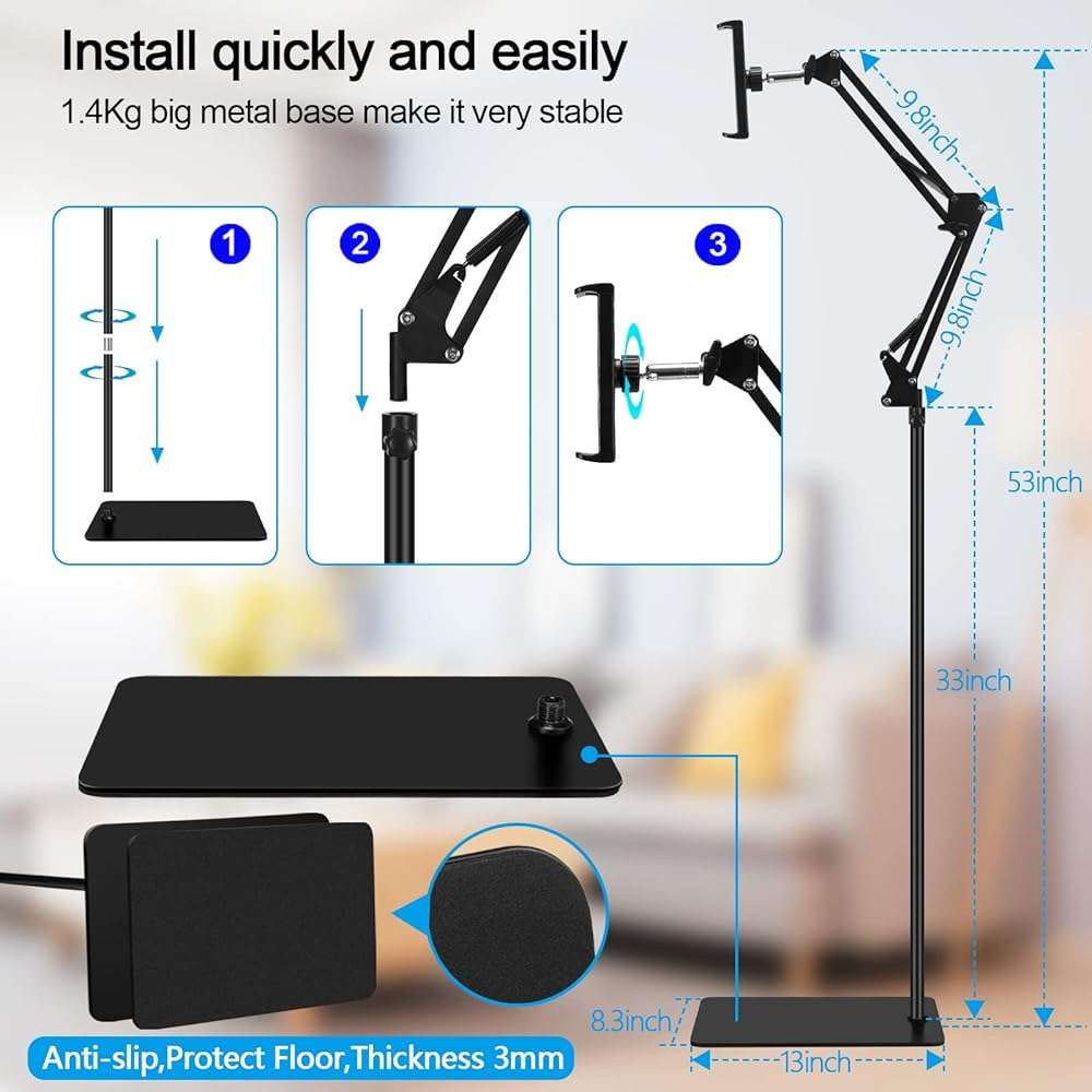 SAMHOUSING Tablet Floor Stand, Adjustable Universal 360-degree Rotatable Metal Tablet Holder, Phone Stand for iPad/iPhoneX/iPad Pro or Other 4.7~12.9 Inch-Screen Devices (Black) - Image 5