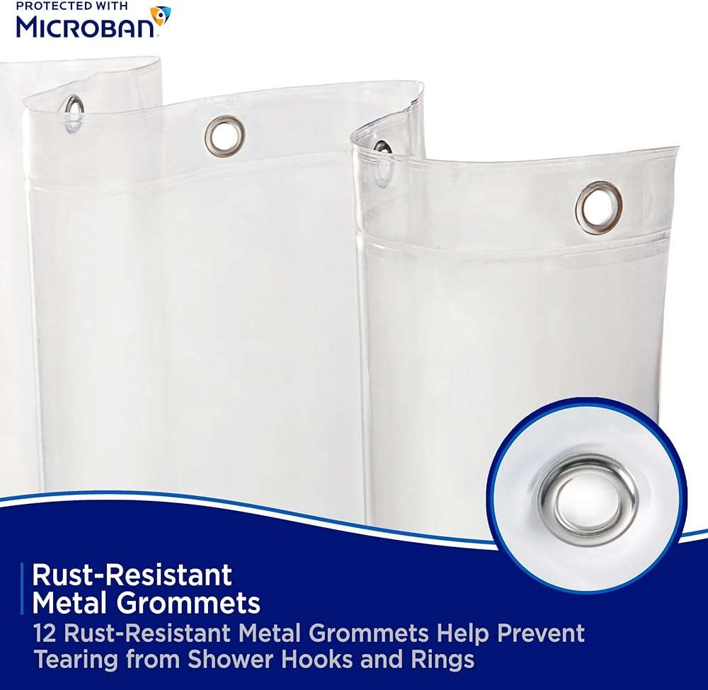 Kenney – Microban PEVA Shower Curtain Liner, Waterproof Medium-Weight Design with Rust-Resistant Metal Grommets & Weighted Magnetic Hem, 70" x 72", Clear - Image 6