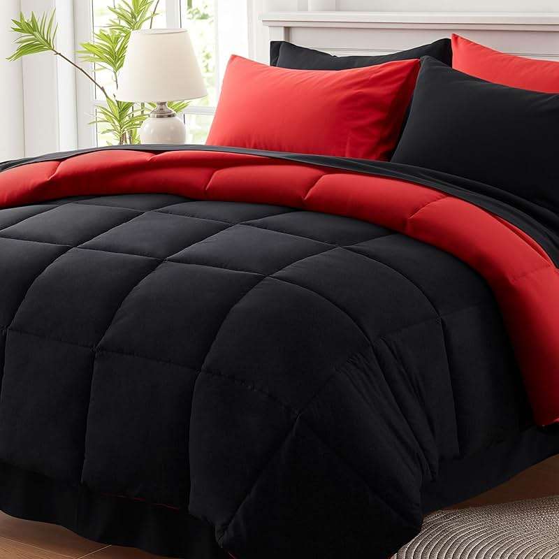 Anluoer Queen Comforter Set 7 Piece, Reversible Bed in a Bag Queen Size, Soft Bedding Set with Comforter(88"X88"), 2 Pillow Shams, 2 Pillowcases, 1 Flat Sheet, 1 Fitted Sheet, Red & Black - Image 1