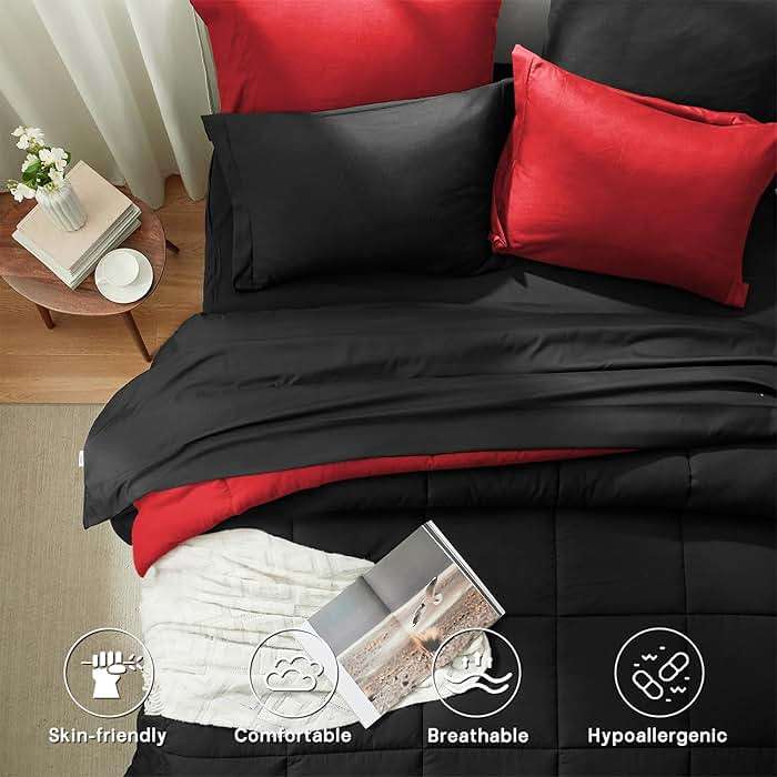 Anluoer Queen Comforter Set 7 Piece, Reversible Bed in a Bag Queen Size, Soft Bedding Set with Comforter(88"X88"), 2 Pillow Shams, 2 Pillowcases, 1 Flat Sheet, 1 Fitted Sheet, Red & Black - Image 3