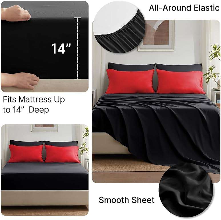 Anluoer Queen Comforter Set 7 Piece, Reversible Bed in a Bag Queen Size, Soft Bedding Set with Comforter(88"X88"), 2 Pillow Shams, 2 Pillowcases, 1 Flat Sheet, 1 Fitted Sheet, Red & Black - Image 4