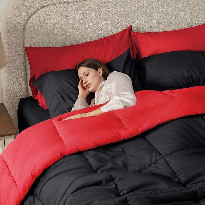Anluoer Queen Comforter Set 7 Piece, Reversible Bed in a Bag Queen Size, Soft Bedding Set with Comforter(88"X88"), 2 Pillow Shams, 2 Pillowcases, 1 Flat Sheet, 1 Fitted Sheet, Red & Black - Image 5