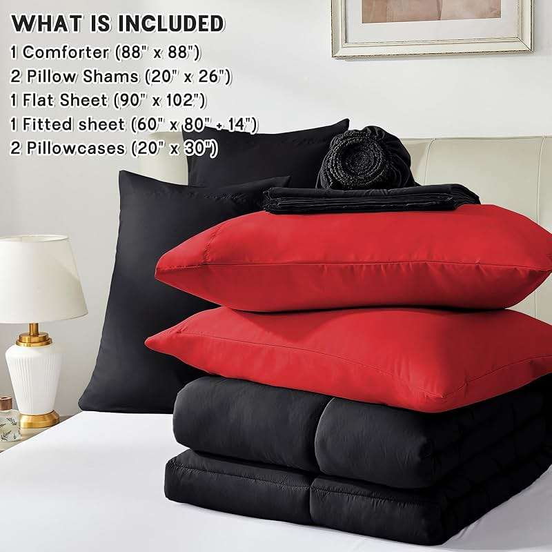 Anluoer Queen Comforter Set 7 Piece, Reversible Bed in a Bag Queen Size, Soft Bedding Set with Comforter(88"X88"), 2 Pillow Shams, 2 Pillowcases, 1 Flat Sheet, 1 Fitted Sheet, Red & Black - Image 6
