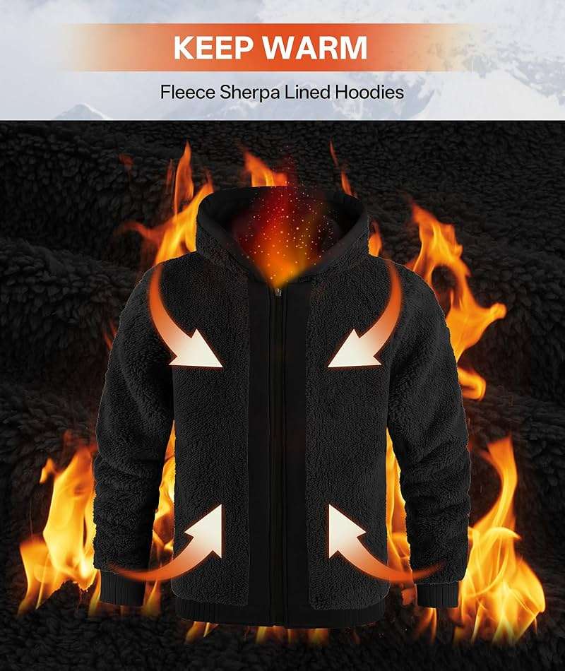 V VALANCH Men Hoodies Zip Up Sherpa Lined Sweatshirts Heavyweight Thick Warm Fleece Winter Jacket - Image 3