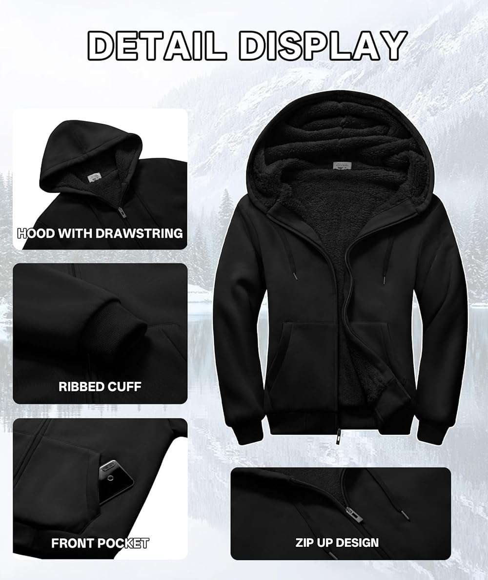 V VALANCH Men Hoodies Zip Up Sherpa Lined Sweatshirts Heavyweight Thick Warm Fleece Winter Jacket - Image 4