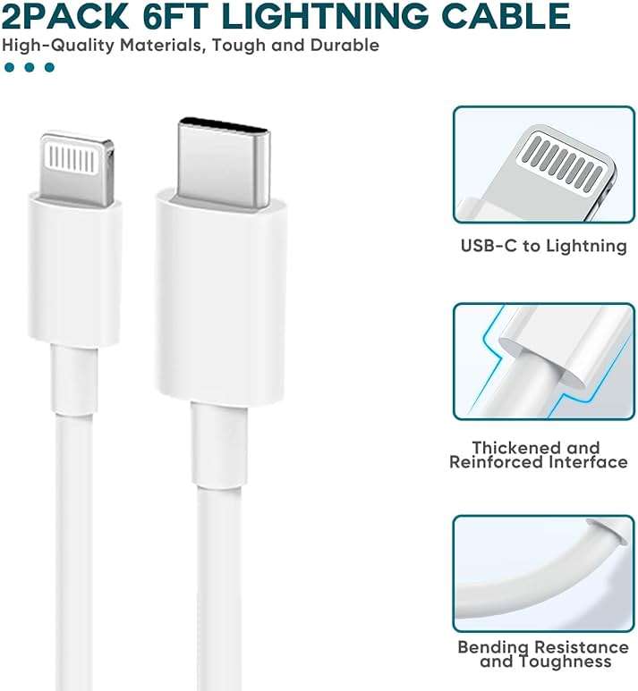 Fast Charger iPhone,iPhone Charger Fast Charging 2Pack USB C Wall Charger Block Fast i Phone Chargers 6FT Type-C USB C to Lightning Cable Cord for iPhone14/14Plus/13/12/11 Pro Max,Mini,8,iPad/AirPods - Image 5