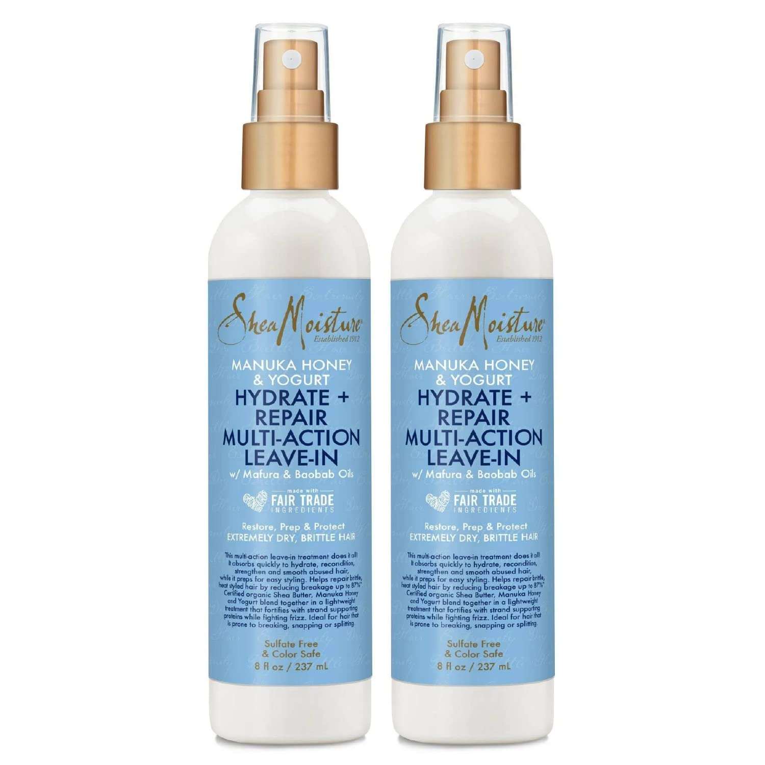 Shea Moisture Leave-In Conditioner, Multi-Action Spray 2-Pack, Manuka Honey & Yogurt Hydrate & Repair for Dry, Damaged Hair, 8 Oz Ea - Image 1