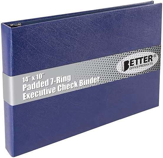 Better Office Products 7 Ring Executive Check Binder with Zipper Pouch, Padded Blue Textured Cover, for 9" x 13" 3 Per Page Business Checks, 600 Check Capacity Checkbook Holder - Image 1