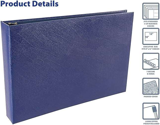 Better Office Products 7 Ring Executive Check Binder with Zipper Pouch, Padded Blue Textured Cover, for 9" x 13" 3 Per Page Business Checks, 600 Check Capacity Checkbook Holder - Image 3