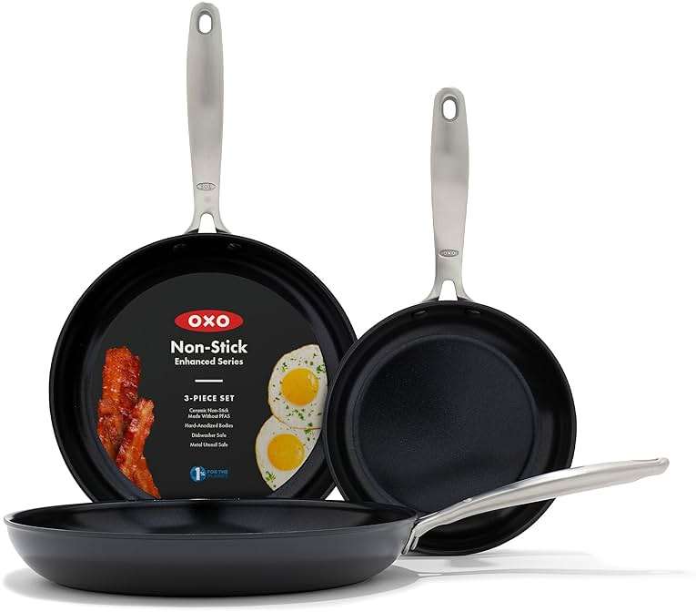 OXO Enhanced, 8" 10" and 12" 3 Piece Frying Pan Skillet Set, Healthy Ceramic Nonstick, PFAS-Free, Stainless Steel Handle, Dishwasher Safe, Oven Safe, Black - Image 1