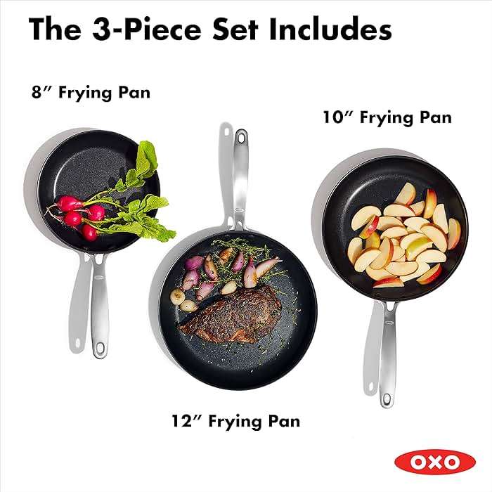 OXO Enhanced, 8" 10" and 12" 3 Piece Frying Pan Skillet Set, Healthy Ceramic Nonstick, PFAS-Free, Stainless Steel Handle, Dishwasher Safe, Oven Safe, Black - Image 3