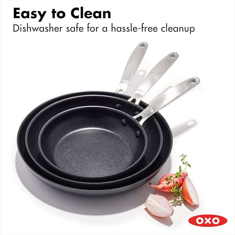 OXO Enhanced, 8" 10" and 12" 3 Piece Frying Pan Skillet Set, Healthy Ceramic Nonstick, PFAS-Free, Stainless Steel Handle, Dishwasher Safe, Oven Safe, Black - Image 7
