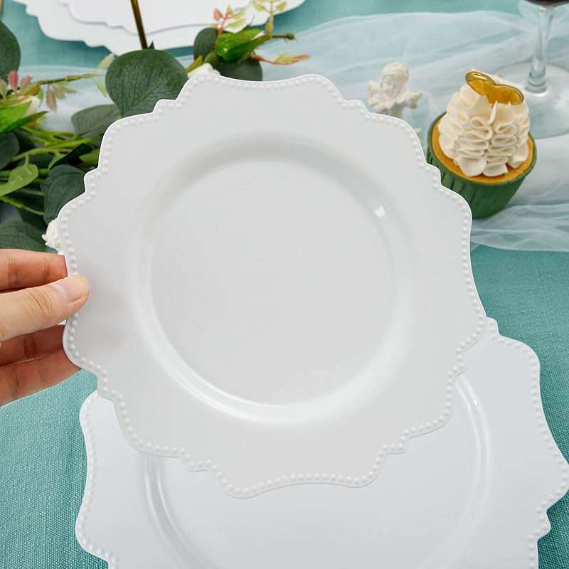 COLOSUS 60PCS White Plastic Plates-Fancy Plastic Beaded Plates,Plastic Premium Hard Plastic Plates for Party, Elegant White plates,Include10.5 Dinner plates & 8.25" Dessert plates for Mother's Day - Image 8
