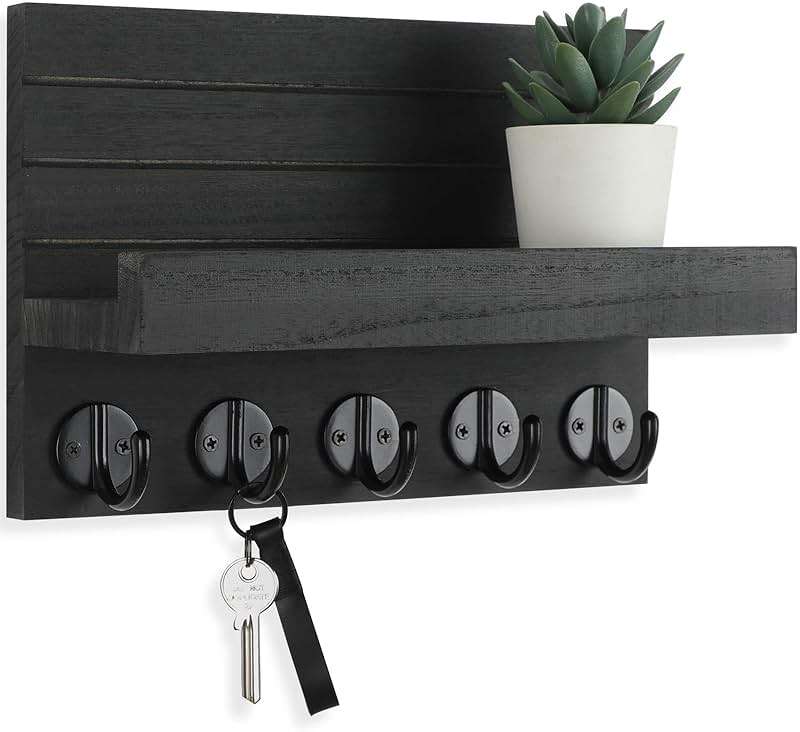 Lwenki Key Holder for Wall, Decorative Key and Mail Holder with Shelf Has Large Hooks for Bags, Coats, Umbrella – Paulownia Wood Key Hanger with Mounting Hardware (9.8”W x 6.7”H x 4.2”D) - Image 1