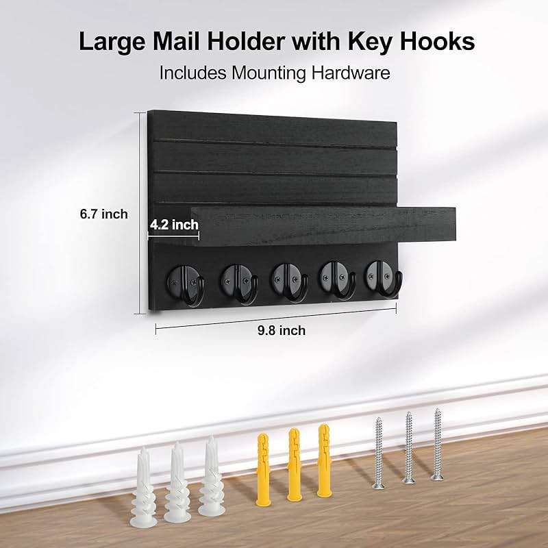 Lwenki Key Holder for Wall, Decorative Key and Mail Holder with Shelf Has Large Hooks for Bags, Coats, Umbrella – Paulownia Wood Key Hanger with Mounting Hardware (9.8”W x 6.7”H x 4.2”D) - Image 2